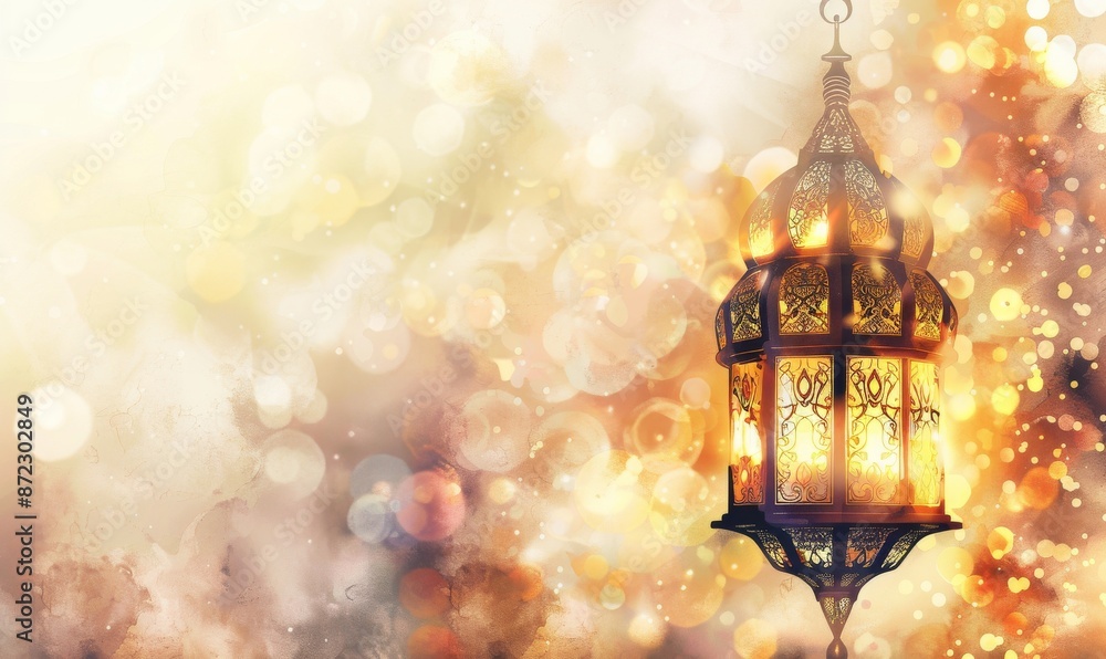 Ramadan Kareem greeting on a blurred background with a beautiful illuminated Arabic lamp and hand-drawn calligraphy lettering Digital illustration Ramadan Kareem greeting on a blurred background with a beautiful illuminated Arabic lamp and hand-drawn calligraphy lettering Digital illustration