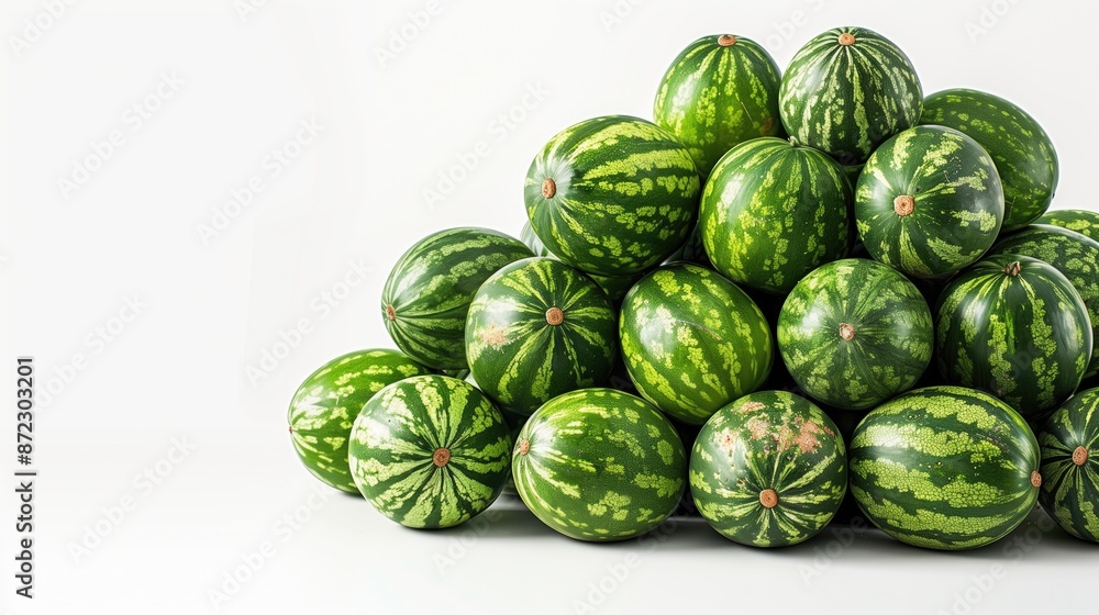 Obraz premium A vibrant image showcasing a mountain of fresh watermelons isolated on a white background. The composition offers ample copy space, making it ideal for promotional and marketing materials.
