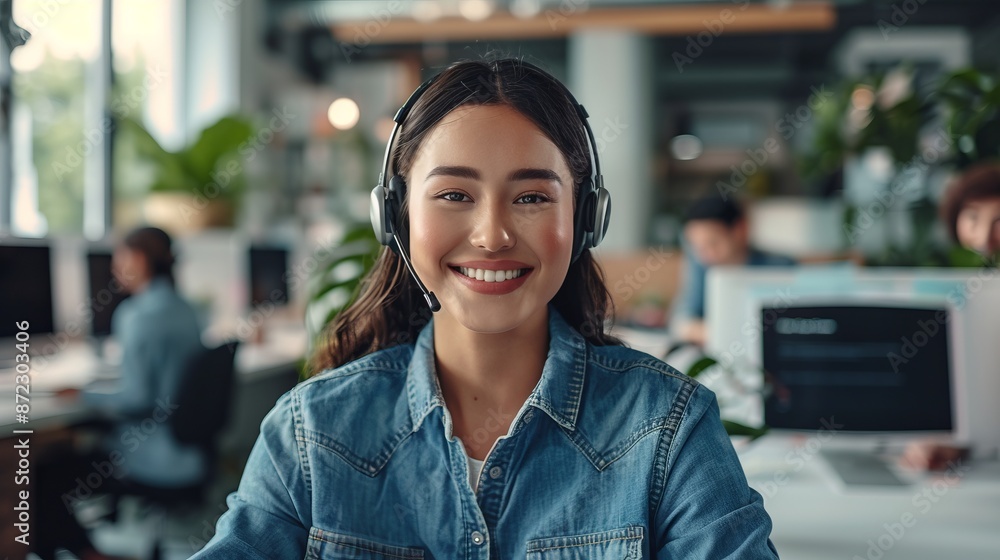 Smiling customer service representative working in a modern office with a headset on. Capturing the essence of professional support. Ideal for business and corporate usage Smiling customer service representative working in a modern office with a headset on. Capturing the essence of professional support. Ideal for business and corporate usage