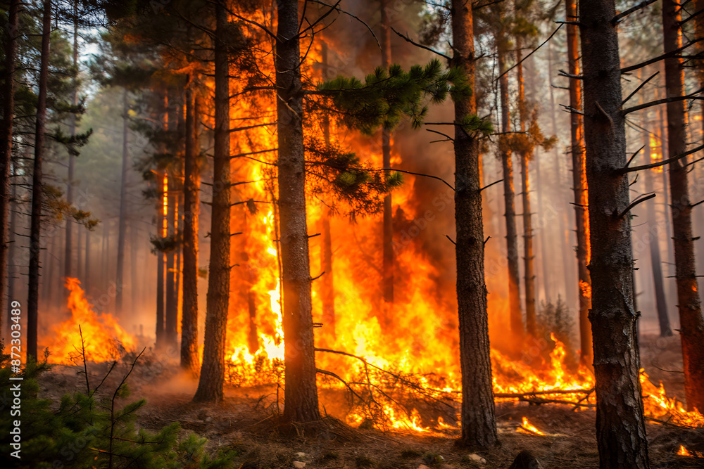 A raging wildfire spreads through a dense forest, engulfing trees in flames. Thick smoke billows as the intense fire advances, creating a dramatic and dangerous scene. A raging wildfire spreads through a dense forest, engulfing trees in flames. Thick smoke billows as the intense fire advances, creating a dramatic and dangerous scene.