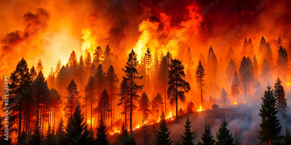 A fierce wildfire engulfs a dense forest, creating a sea of flames and smoke. The intense orange and red hues dominate the sky, with tall trees silhouetted against the blazing inferno. A fierce wildfire engulfs a dense forest, creating a sea of flames and smoke. The intense orange and red hues dominate the sky, with tall trees silhouetted against the blazing inferno.