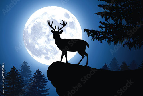 reindeer stag buck silhouette by full moon forest on a hill crest landscape background