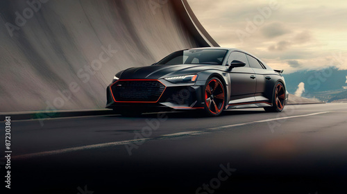 black sports car with red details. Car on the road