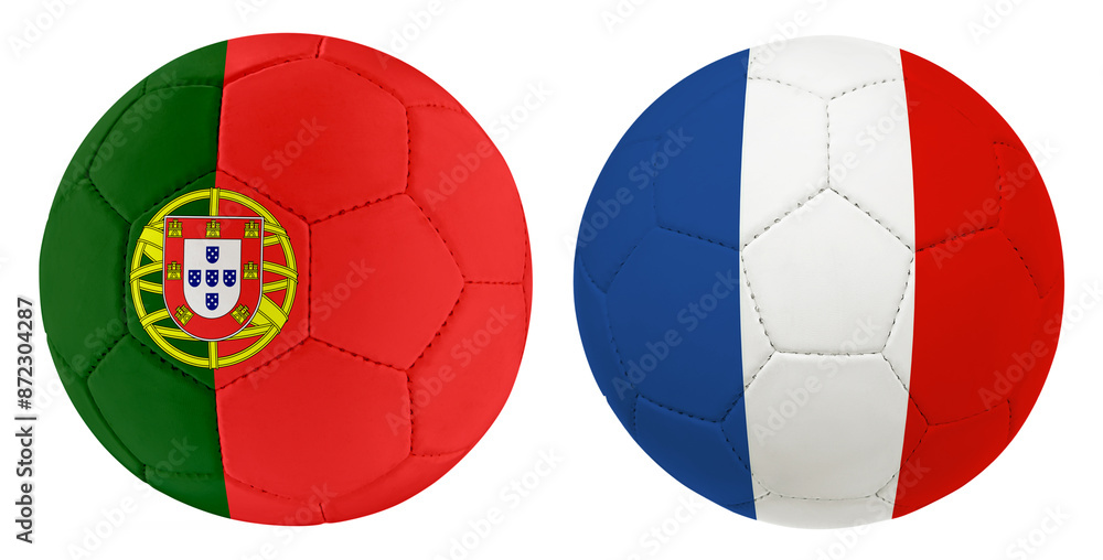 Portugal vs. France footballs, team flag isolated on white Portugal vs. France footballs, team flag isolated on white