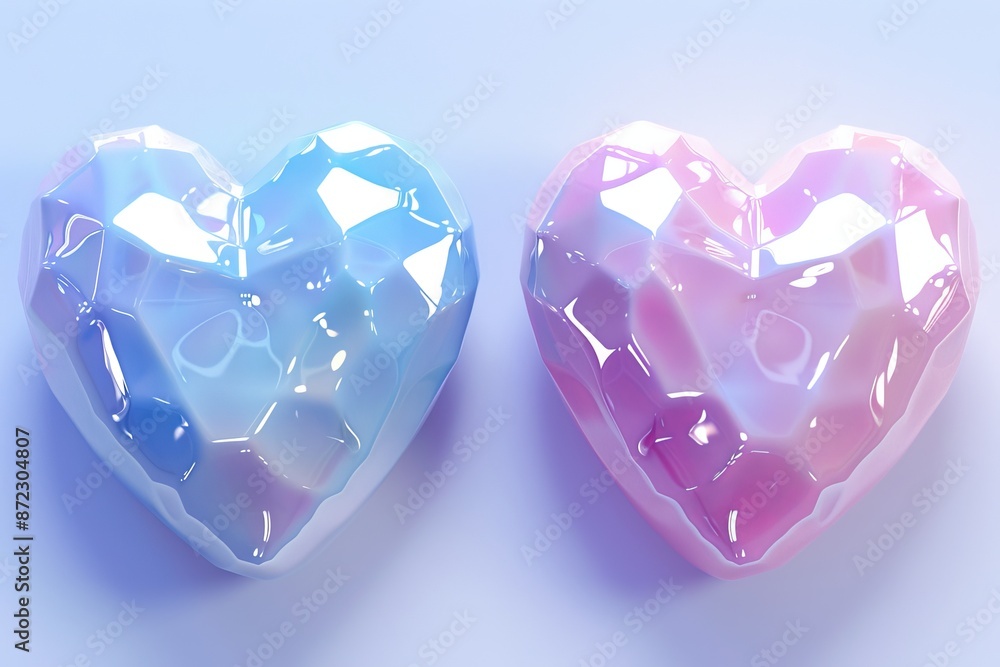 Fototapeta premium Two crystal heart shaped objects with gradient colors symbolizing love and beauty in a vibrant artistic setting
