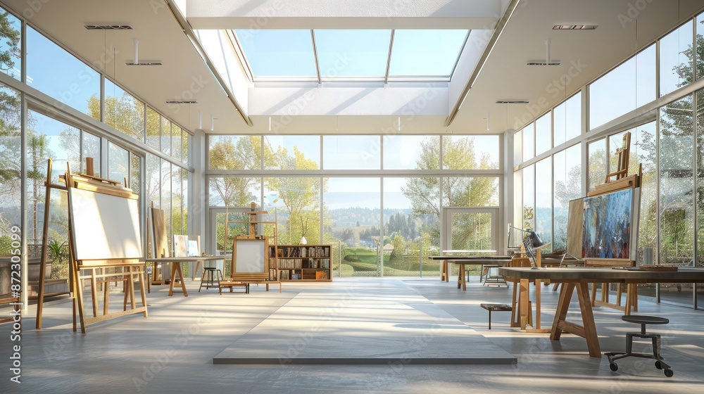 modern art studio with skylights and large energy-efficient windows that provide perfect north light, ideal for artists working on large canvases or installations modern art studio with skylights and large energy-efficient windows that provide perfect north light, ideal for artists working on large canvases or installations