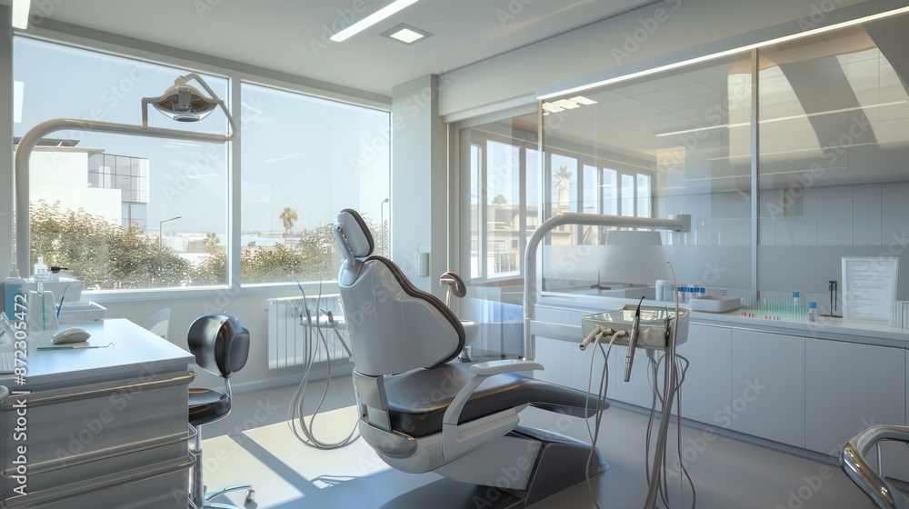 modern dental clinic with large, energy-efficient windows that bring in soothing natural light, helping to calm patients and create a more relaxing treatment environment modern dental clinic with large, energy-efficient windows that bring in soothing natural light, helping to calm patients and create a more relaxing treatment environment