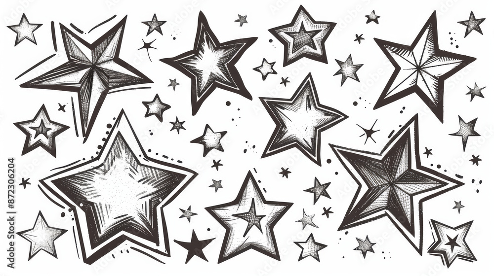 Hand-drawn stars in different sizes and shapes on a white background. The stars are rendered in vector format, ensuring they can be scaled to any size without losing quality. Hand-drawn stars in different sizes and shapes on a white background. The stars are rendered in vector format, ensuring they can be scaled to any size without losing quality.