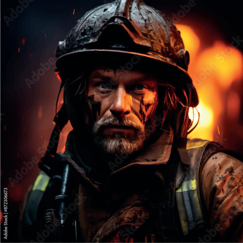 Fire rescuer in a helmet portrait. Portrait of a spatler in smoke and fire. Brave man fire rescue hero. Danger, fire, rescue operation, war. Emergency.
