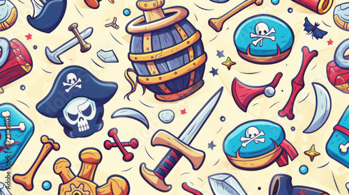 Wallpaper Mural Pirate-themed pattern with cartoonish pirate items and objects in a seamless design. Torontodigital.ca