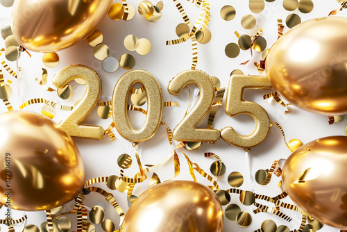 Gold numbers 2025 on a white background and shiny, golden balloons and confetti surround the numbers in a celebration of the new year. Flat lay, top view