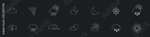 Weather one single line symbols set. Continuous editable stroke hand drawn line. Vector stock illustration isolated on black chalkboard background for design travel blog, meteorology forecast day.