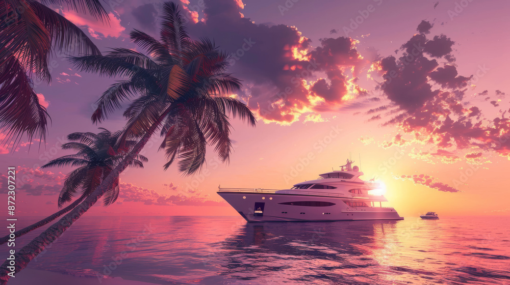 Tropical island paradise with vibrant sunset colors. The beach is adorned with lush palm trees and a luxurious yacht, creating a picturesque scene. Tropical island paradise with vibrant sunset colors. The beach is adorned with lush palm trees and a luxurious yacht, creating a picturesque scene.