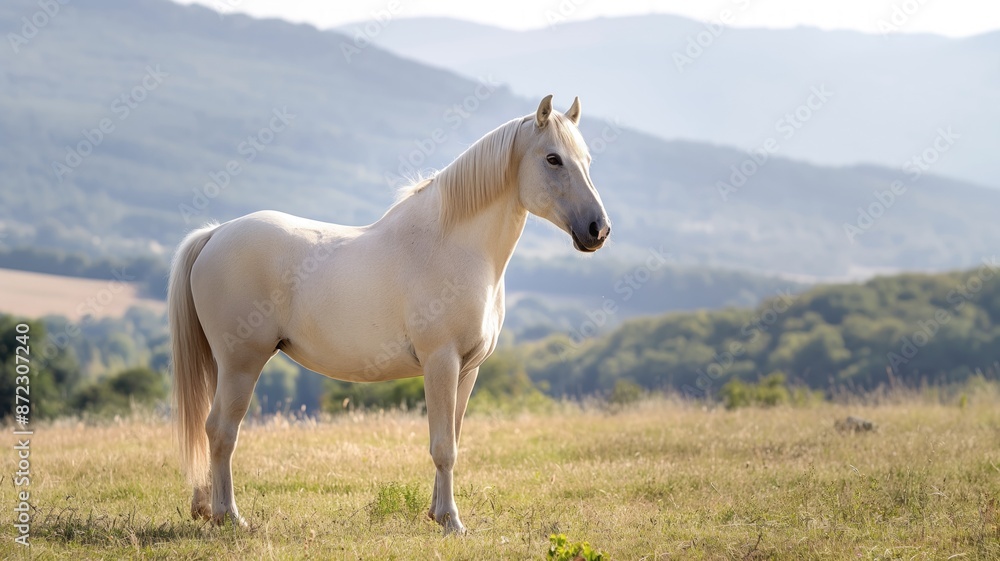 Majestic White Horse Standing Gracefully in a Field of Vibrant Green Grass and Colorful Wildflowers with Majestic Mountain Range in the Background Under Clear Blue Sky Majestic White Horse Standing Gracefully in a Field of Vibrant Green Grass and Colorful Wildflowers with Majestic Mountain Range in the Background Under Clear Blue Sky