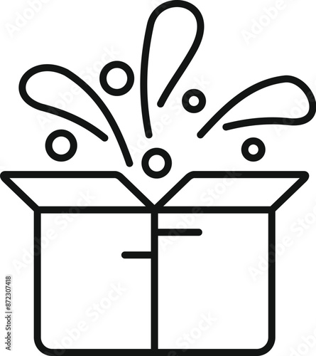 Line drawing of an open box surprising with confetti exploding from inside