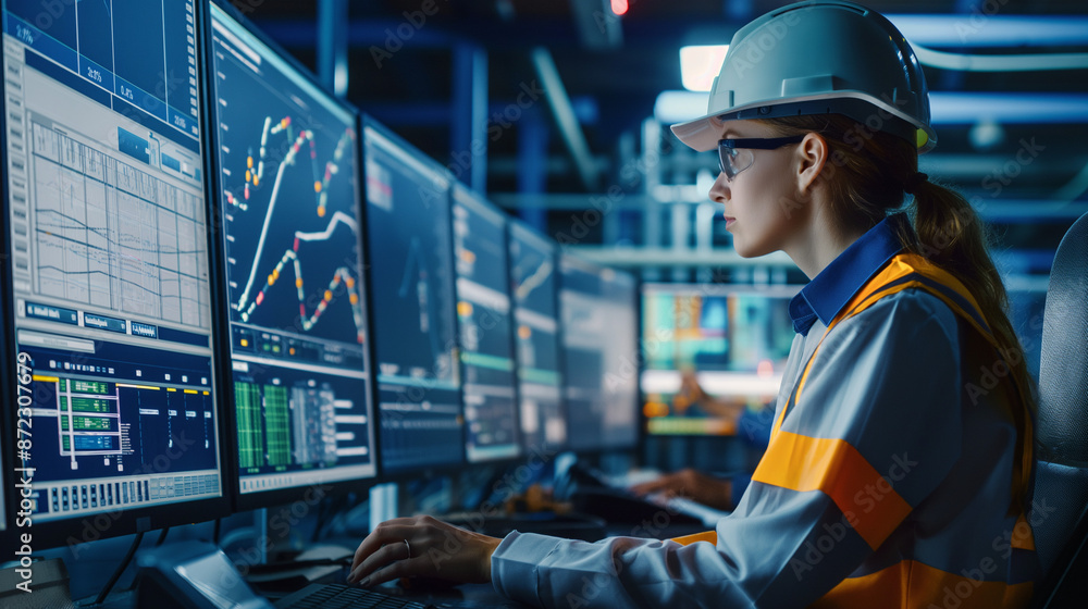 Engineer monitoring solar power plant performance on multiple screens in a high-tech control room Engineer monitoring solar power plant performance on multiple screens in a high-tech control room