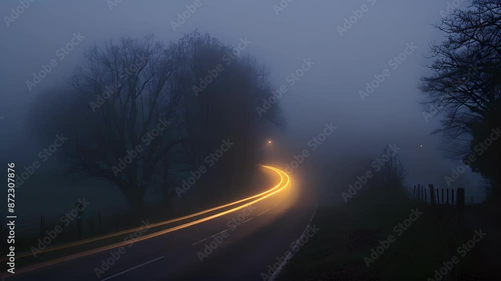 The soft diffused glow of car light trails blending into the misty fog creating a sense of mystery and enchantment. The soft diffused glow of car light trails blending into the misty fog creating a sense of mystery and enchantment.