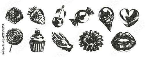 Set of romantic elements of sweets with a retro photocopy effect. Vector illustration of lips, hand, cake, strawberry, ice cream, cherry, heart in halftone tones for the design of Y2K collages.