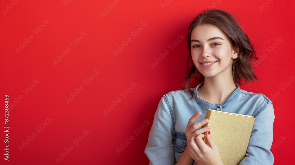 A stylish modern school photo, in which a student confidently smiles, holding a book in his hands, on a red background. It is ideal for educational purposes, youth conferences and other education-rela A stylish modern school photo, in which a student confidently smiles, holding a book in his hands, on a red background. It is ideal for educational purposes, youth conferences and other education-rela
