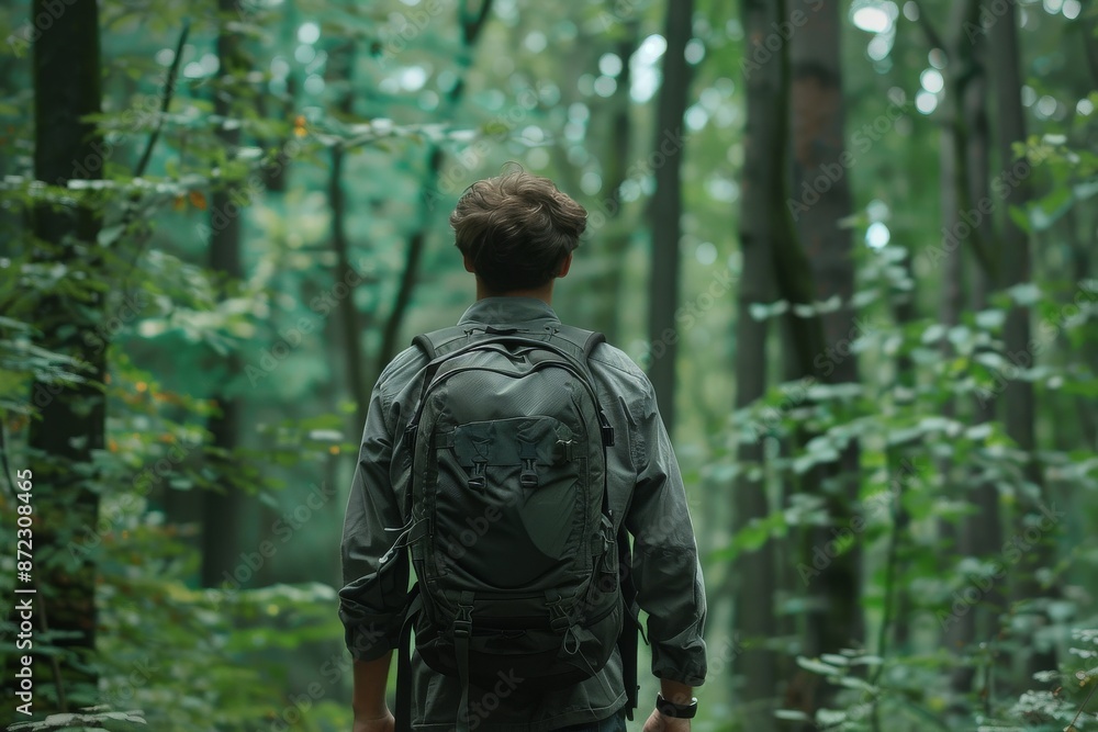 Man hiking through lush forest in green shirt and backpack Man hiking through lush forest in green shirt and backpack