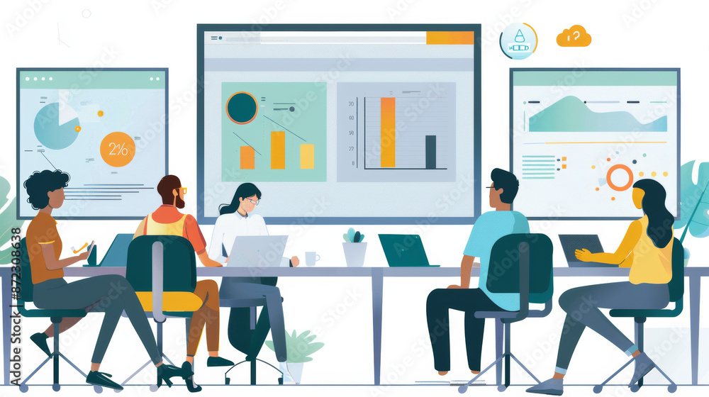 Employees using laptops, tablets, and smartphones, with some engaged in video conferences on large screens. Include interactive whiteboards or digital brainstorming tools. Employees using laptops, tablets, and smartphones, with some engaged in video conferences on large screens. Include interactive whiteboards or digital brainstorming tools.