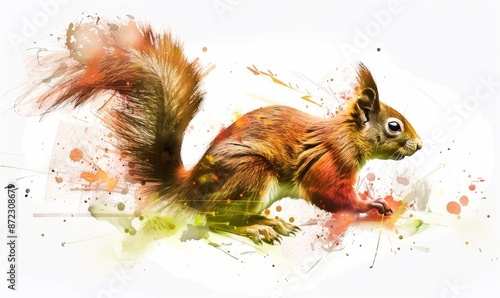Watercolor squirrel illustration in a distinctive style, set against a white background. This imaginative wildlife art piece harmonizes abstract  © Olexiy Vasilyuk