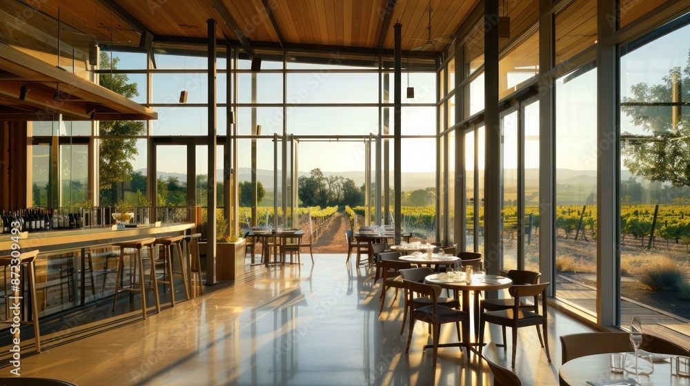 sustainable vineyard tasting room with walls of energy-efficient windows, allowing guests to enjoy the landscape and natural light while tasting wines sustainable vineyard tasting room with walls of energy-efficient windows, allowing guests to enjoy the landscape and natural light while tasting wines