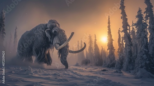 A mammoth, a terrestrial animal similar to a dinosaur, is walking through a snowy forest at sunset, creating a breathtaking natural landscape with the freezing atmosphere photo