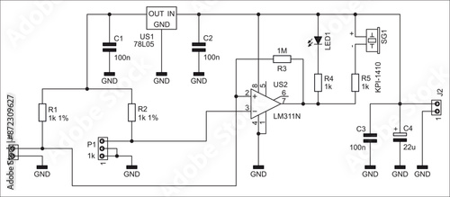 Schematic diagram of electronic device on sheet of paper. Vector drawing electrical analog circuit with
voltage stabilizer, resistor, operational amplifier, connector,  capacitor, led, other component