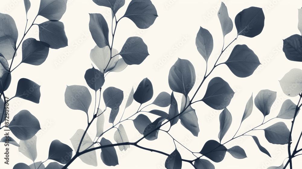 A wallpaper or wrapping paper with a repeating design of eucalyptus leaves and branches. The design is simple but elegant, with the leaves and branches forming a silhouette against a white background. A wallpaper or wrapping paper with a repeating design of eucalyptus leaves and branches. The design is simple but elegant, with the leaves and branches forming a silhouette against a white background.