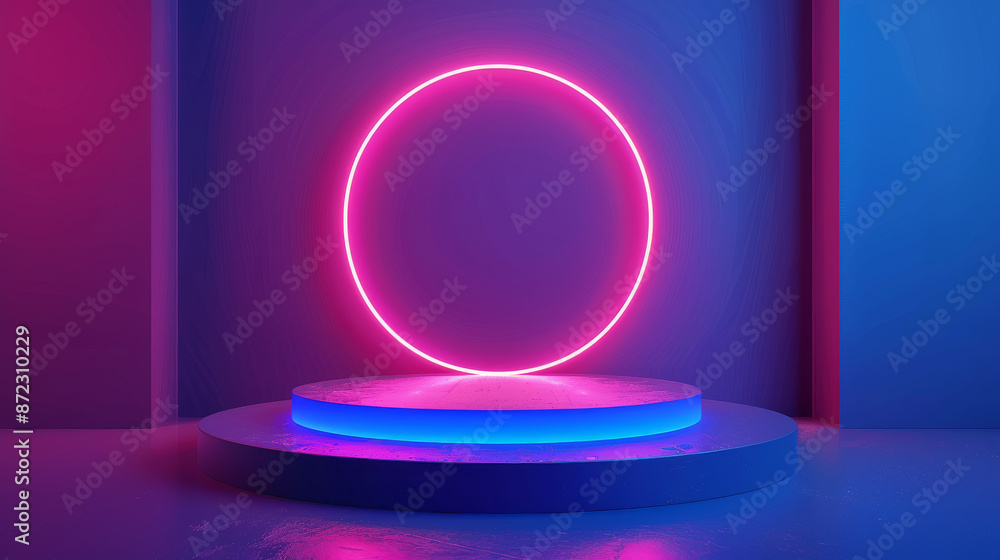 Blue podium with a neon pink circle in a futuristic setup. Perfect for product displays and mockups. Blue podium with a neon pink circle in a futuristic setup. Perfect for product displays and mockups.