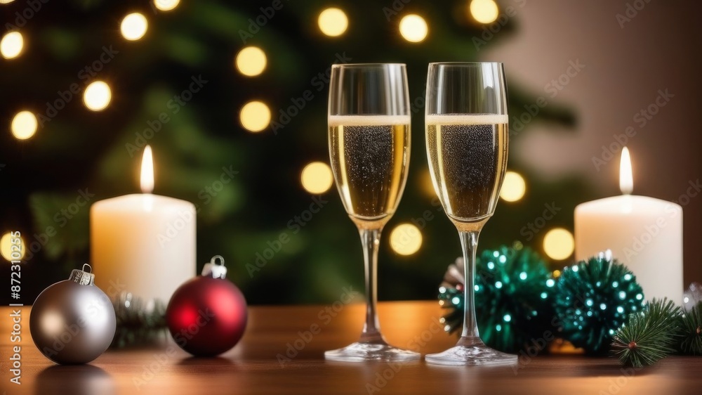 Two glasses of sparkling champagne on New Year's Eve. In the background, the New Year tree is decorated with multi-colored balls, burning candles Two glasses of sparkling champagne on New Year's Eve. In the background, the New Year tree is decorated with multi-colored balls, burning candles