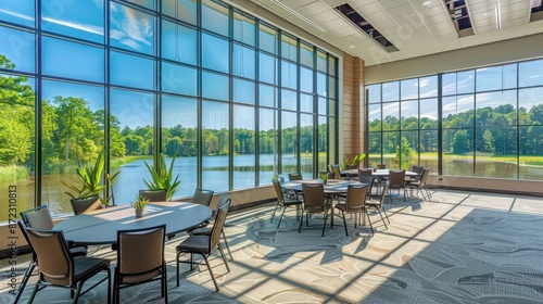 elegant conference center with expansive energy-efficient windows overlooking a serene lake  providing a tranquil backdrop for meetings and events