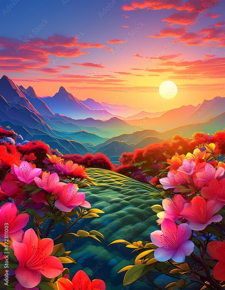 Futuristic glassy, reflective chromatic waves soft changes of tone that bloom azaleas , generated by AI. High quality photo Futuristic glassy, reflective chromatic waves soft changes of tone that bloom azaleas , generated by AI. High quality photo