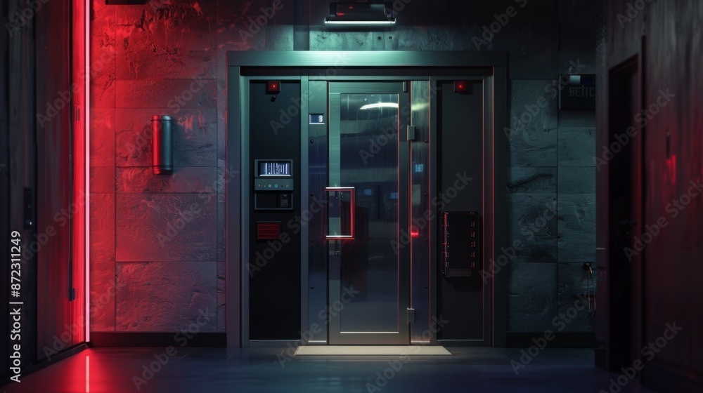 A shot of a modern security door in a building at night. The door is illuminated by red and blue light, creating a dramatic effect. A shot of a modern security door in a building at night. The door is illuminated by red and blue light, creating a dramatic effect.
