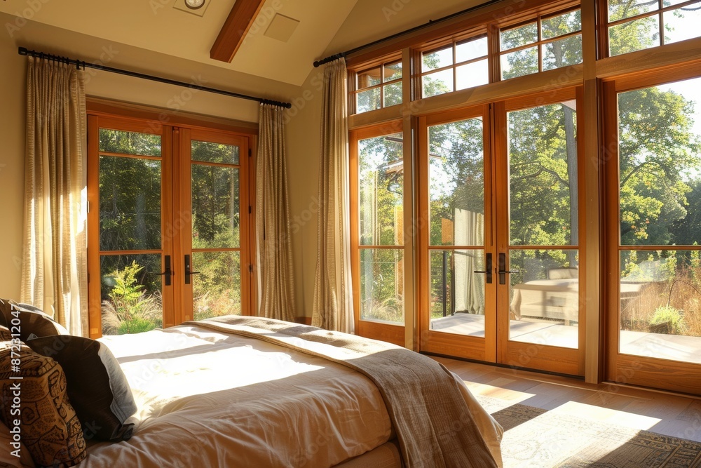 Interior of a bedroom with a large window overlooking the garden. Interior of a bedroom with a large window overlooking the garden.