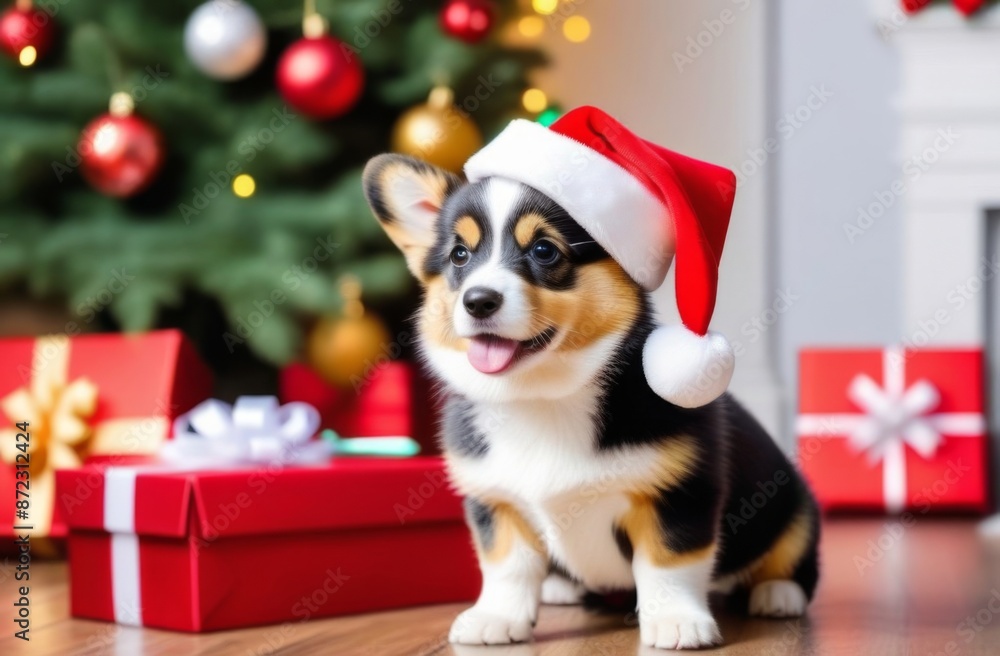 Corgi puppy in a red New Year's hat in a modern house among New Year's gifts on the background of a New Year's tree with decorations Corgi puppy in a red New Year's hat in a modern house among New Year's gifts on the background of a New Year's tree with decorations
