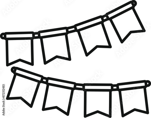 Two strings of bunting flags are hanging on a white background, creating a festive atmosphere