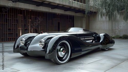 A sleek, black classic car with whitewall tires is parked in front of a modern garage. The car is in pristine condition, reflecting the surrounding light.