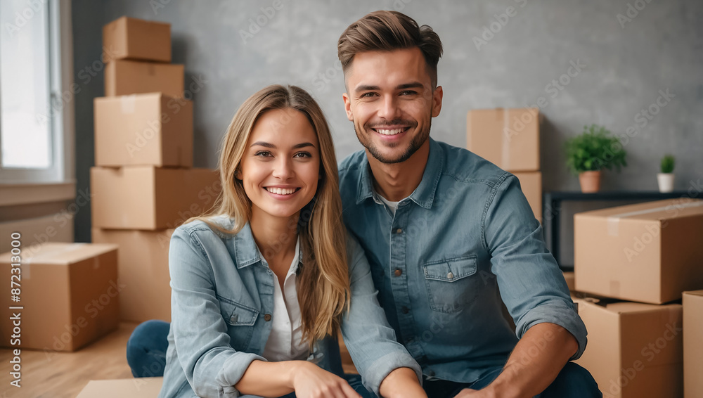 Happy young family in a new apartment, boxes Happy young family in a new apartment, boxes
