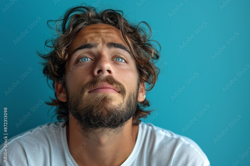 Unhappy Young Man Portrait with Blue Background - Copy Space Banner Unhappy Young Man Portrait with Blue Background - Copy Space Banner
