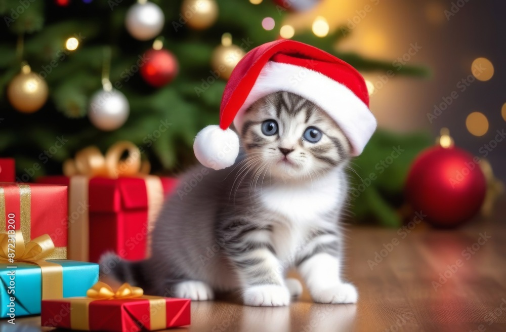 Scottish kitten in a red New Year's hat in a modern house among New Year's gifts on the background of a New Year's tree with decorations Scottish kitten in a red New Year's hat in a modern house among New Year's gifts on the background of a New Year's tree with decorations