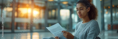 Black woman reading documents in a modern office at sunset. Concept of focus, study, and reflection, ideal for coworking day photo