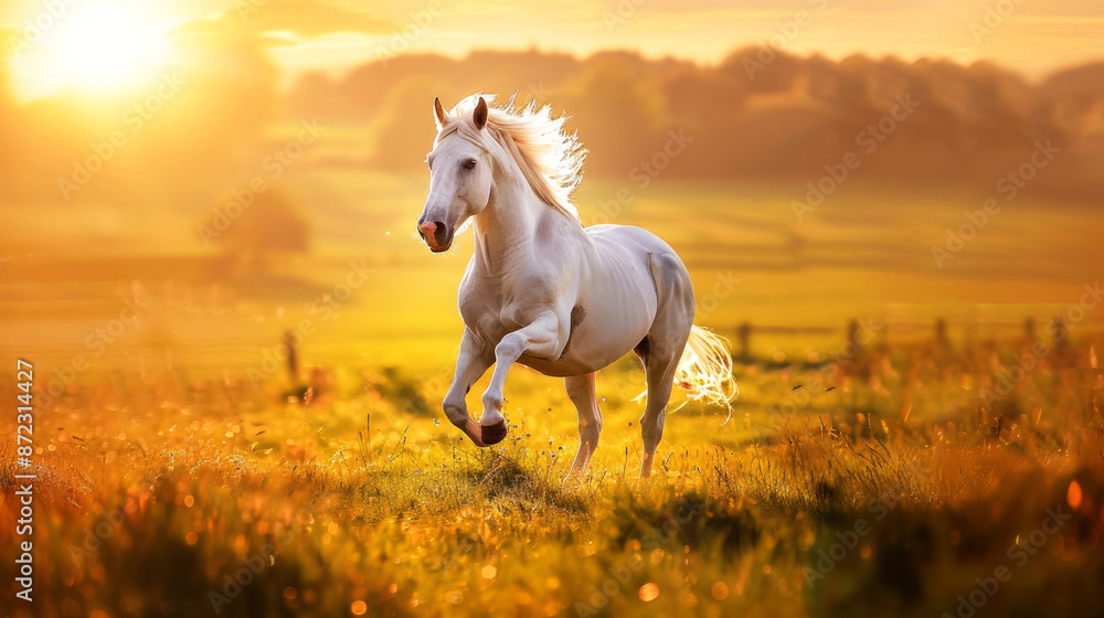 Beautiful horse galloping in field at sunset, Beautiful horse galloping in field at sunset,