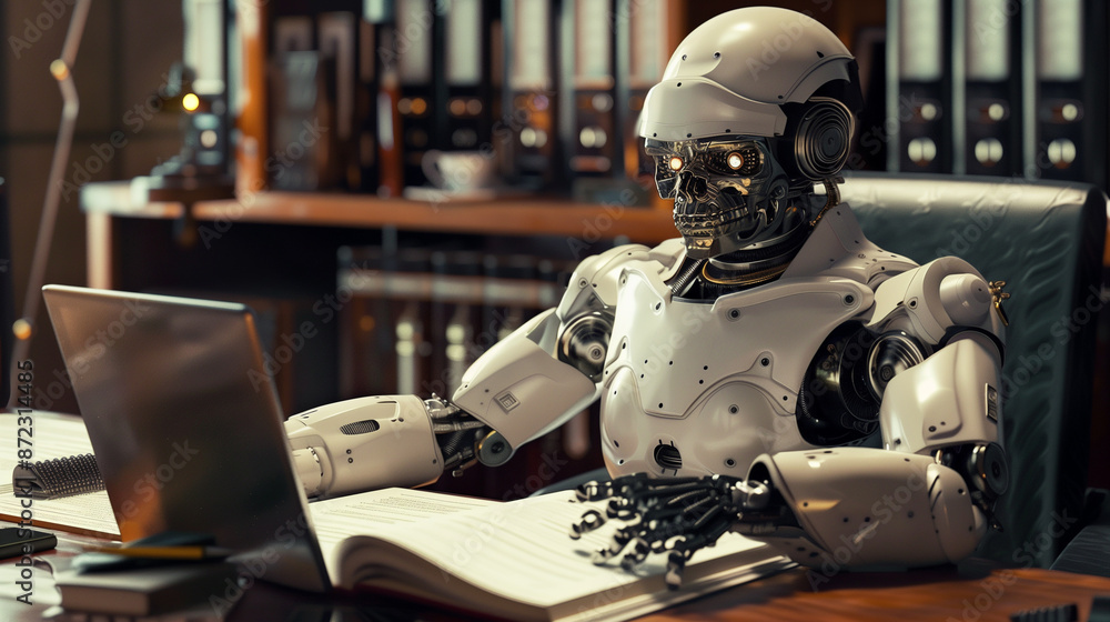 Robot sitting at a desk using a laptop, with a book and pen in the foreground, suggesting automation in the workplace or AI taking over our jobs Robot sitting at a desk using a laptop, with a book and pen in the foreground, suggesting automation in the workplace or AI taking over our jobs