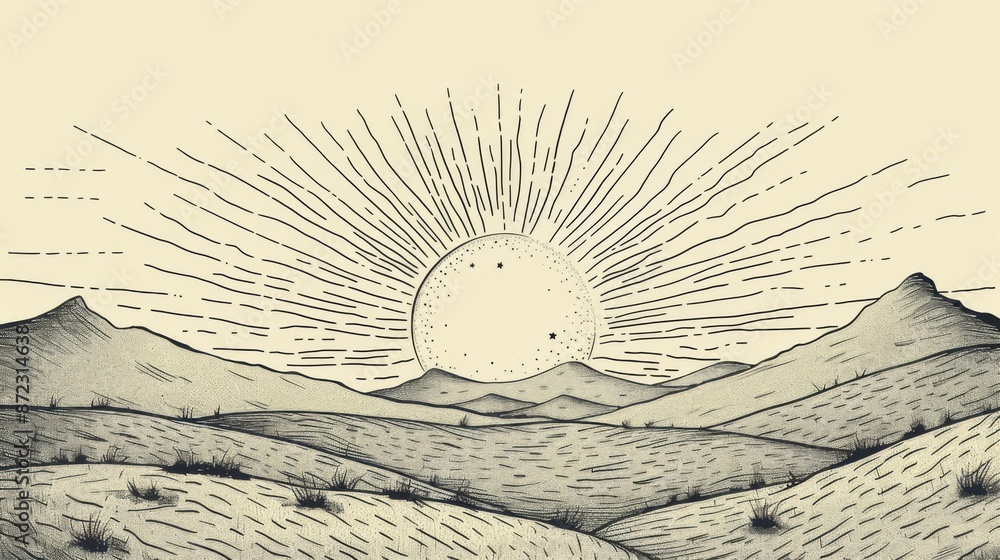 Obraz premium This image features a sun rising above mountains with detailed line work, evoking a sense of calm and peacefulness as the new day begins in a serene landscape.