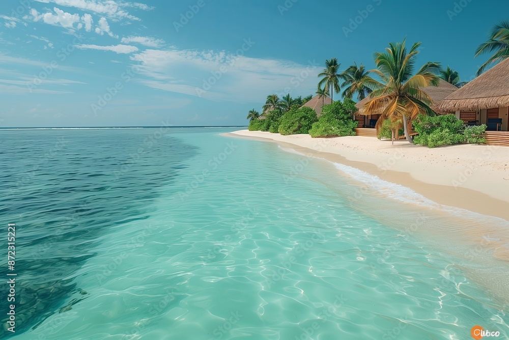 Fototapeta premium A beautiful beach with a clear blue ocean and palm trees in the background. The beach is empty and peaceful, with no one in sight