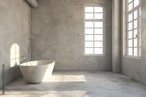 Bathroom interior with white bathtub and window. © Chacmool
