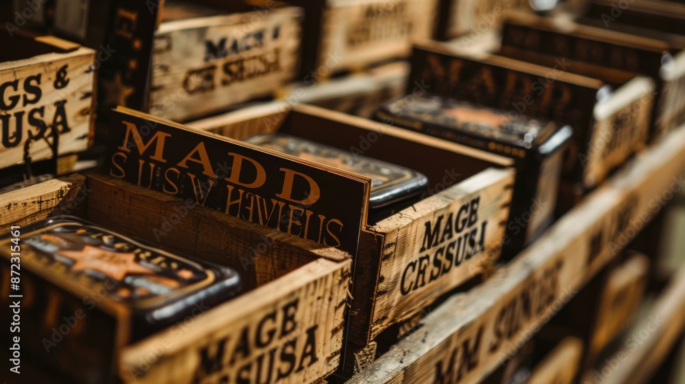 The image displays wooden crates lined neatly with vintage-style labels, hinting at a rustic charm and possibly holding specialty goods or collectibles. The image displays wooden crates lined neatly with vintage-style labels, hinting at a rustic charm and possibly holding specialty goods or collectibles.