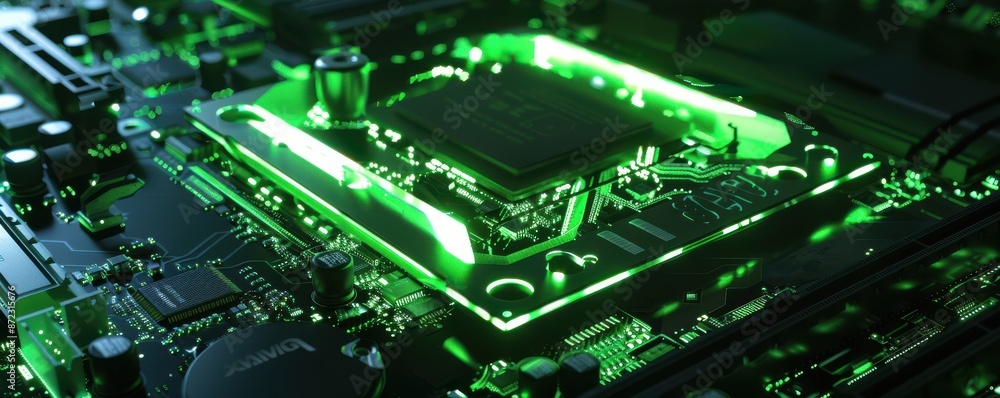 Green glowing GPU graphics card on a sleek black motherboard, high-tech and futuristic. Green glowing GPU graphics card on a sleek black motherboard, high-tech and futuristic.
